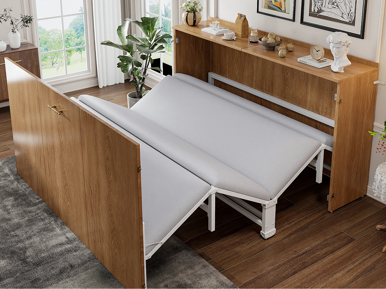 Letto pieghevole 140 x 200 cm - struttura da parete estensibile - materasso in lino incluso - struttura in metallo - Naturale (materasso non incluso)