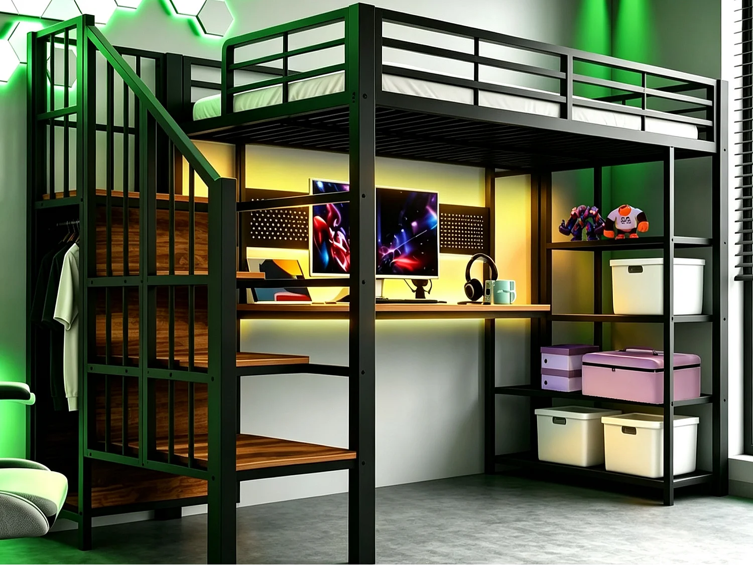 Lit mezzanine 90 x 200 cm - Avec bureau - Avec prise électrique - Avec éclairage LED - noir (Matelas non inclus)