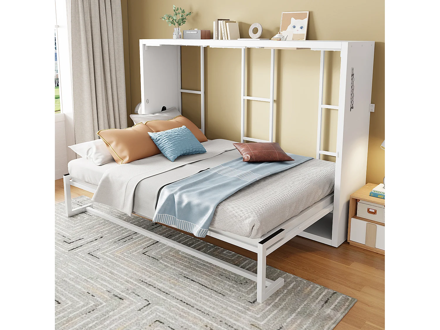 Lit escamotable 140x200 cm - Structure en métal et sommier en bois - Fixation murale verrouillable - Blanc (matelas non inclus)