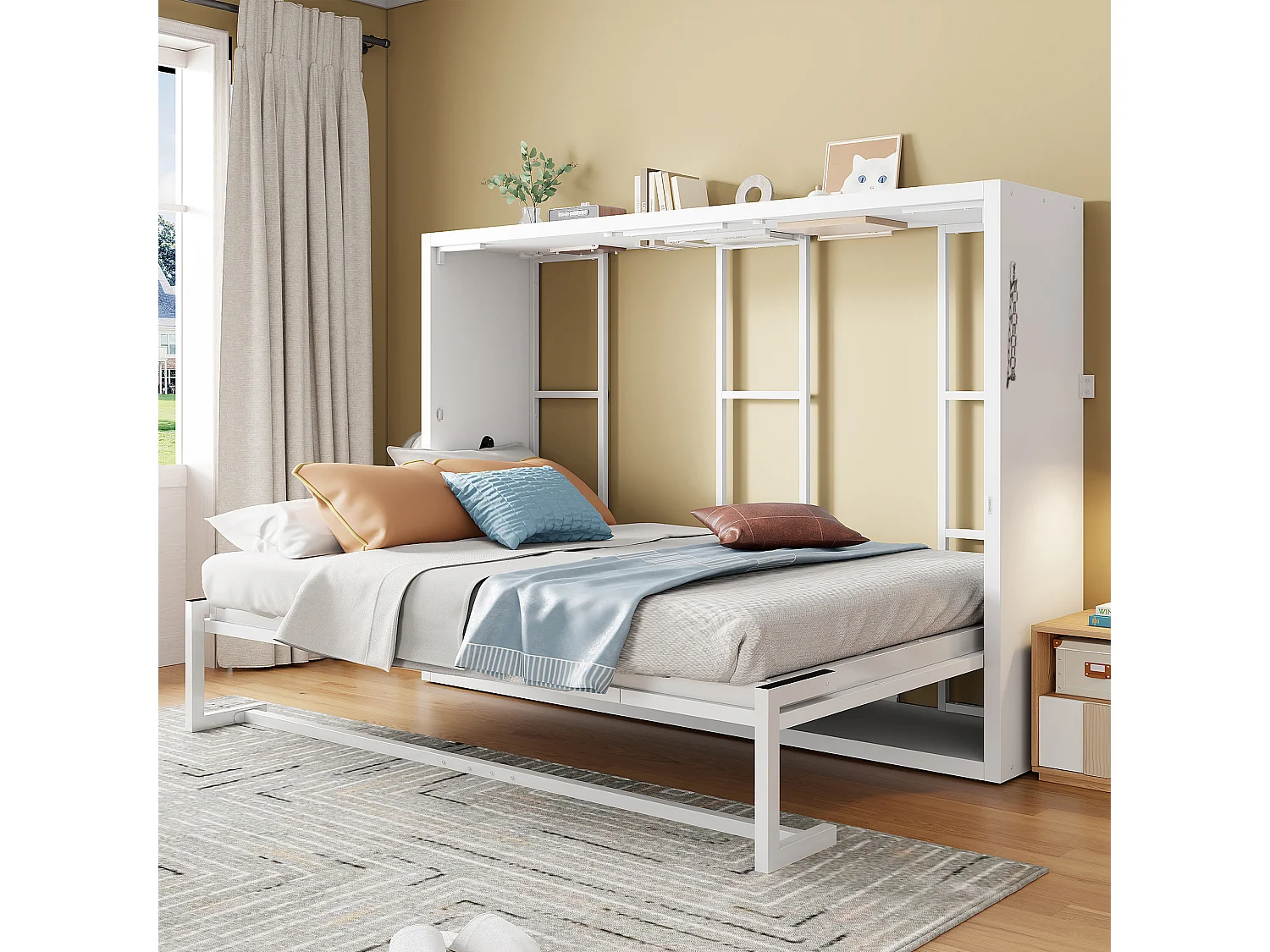 Lit escamotable 140x200 cm - Structure en métal et sommier en bois - Fixation murale verrouillable - Blanc (matelas non inclus)