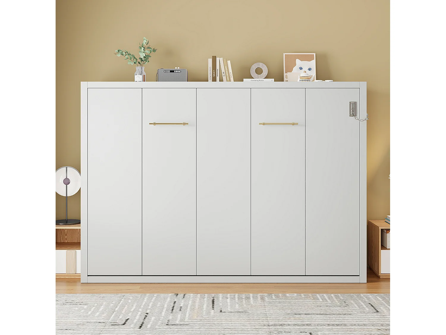 Lit escamotable 140x200 cm - Structure en métal et sommier en bois - Fixation murale verrouillable - Blanc (matelas non inclus)
