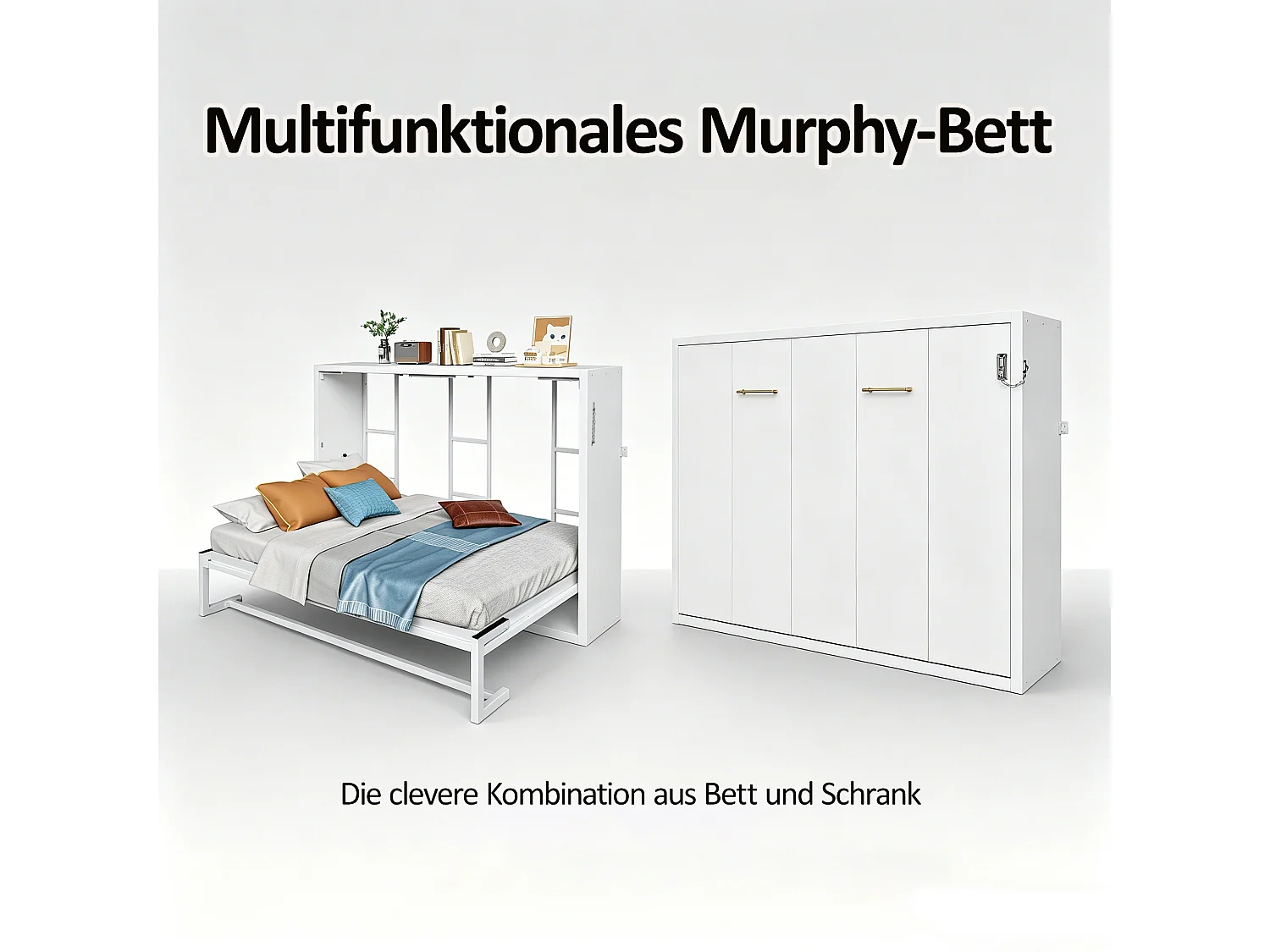Lit escamotable 140x200 cm - Structure en métal et sommier en bois - Fixation murale verrouillable - Blanc (matelas non inclus)