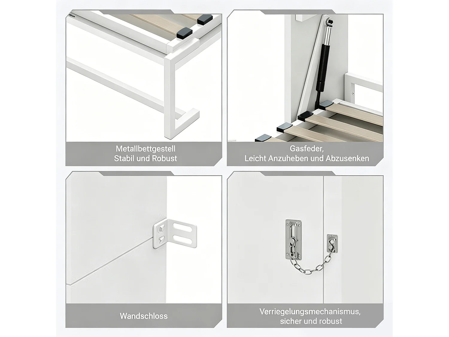 Lit escamotable 140x200 cm - Structure en métal et sommier en bois - Fixation murale verrouillable - Blanc (matelas non inclus)