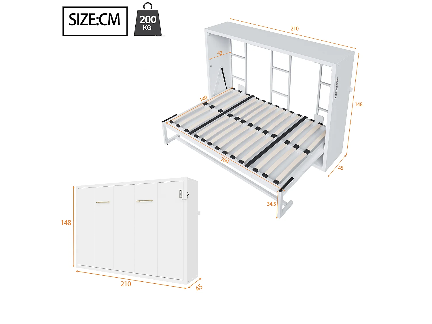 Lit escamotable 140x200 cm - Structure en métal et sommier en bois - Fixation murale verrouillable - Blanc (matelas non inclus)