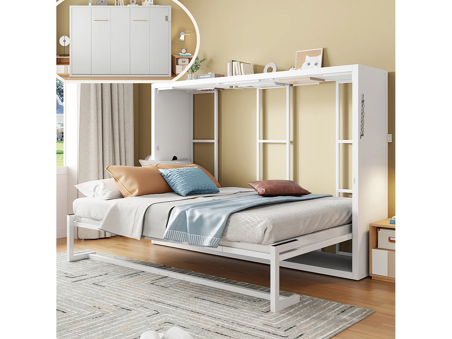 Lit escamotable 140x200 cm - Structure en métal et sommier en bois - Fixation murale verrouillable - Blanc (matelas non inclus)