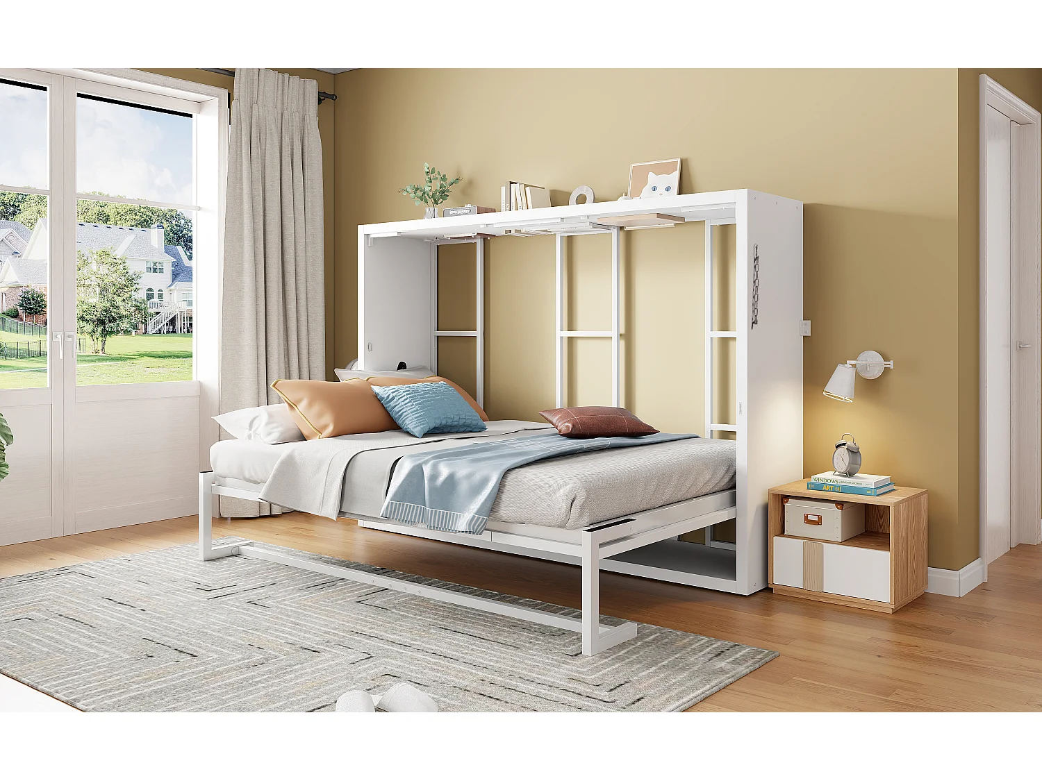 Lit escamotable 140x200 cm - Structure en métal et sommier en bois - Fixation murale verrouillable - Blanc (matelas non inclus)