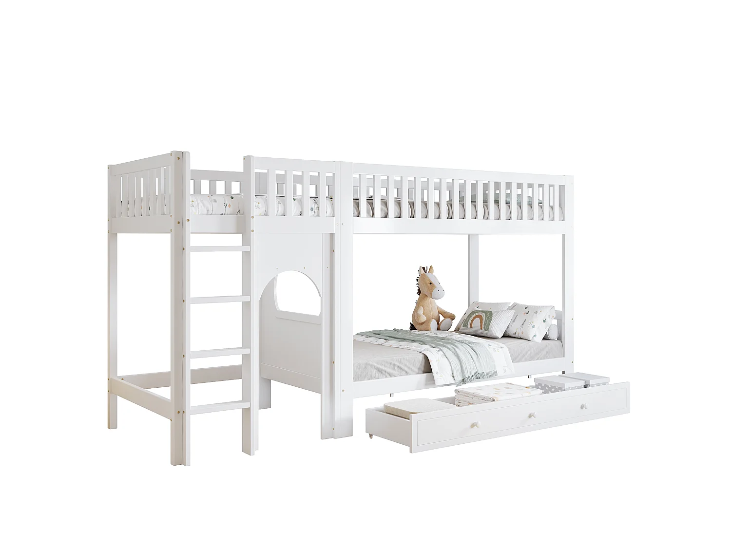 Lit superposé enfants 90 x 200 cm blanc avec tiroir - Pin + MDF + contreplaqué