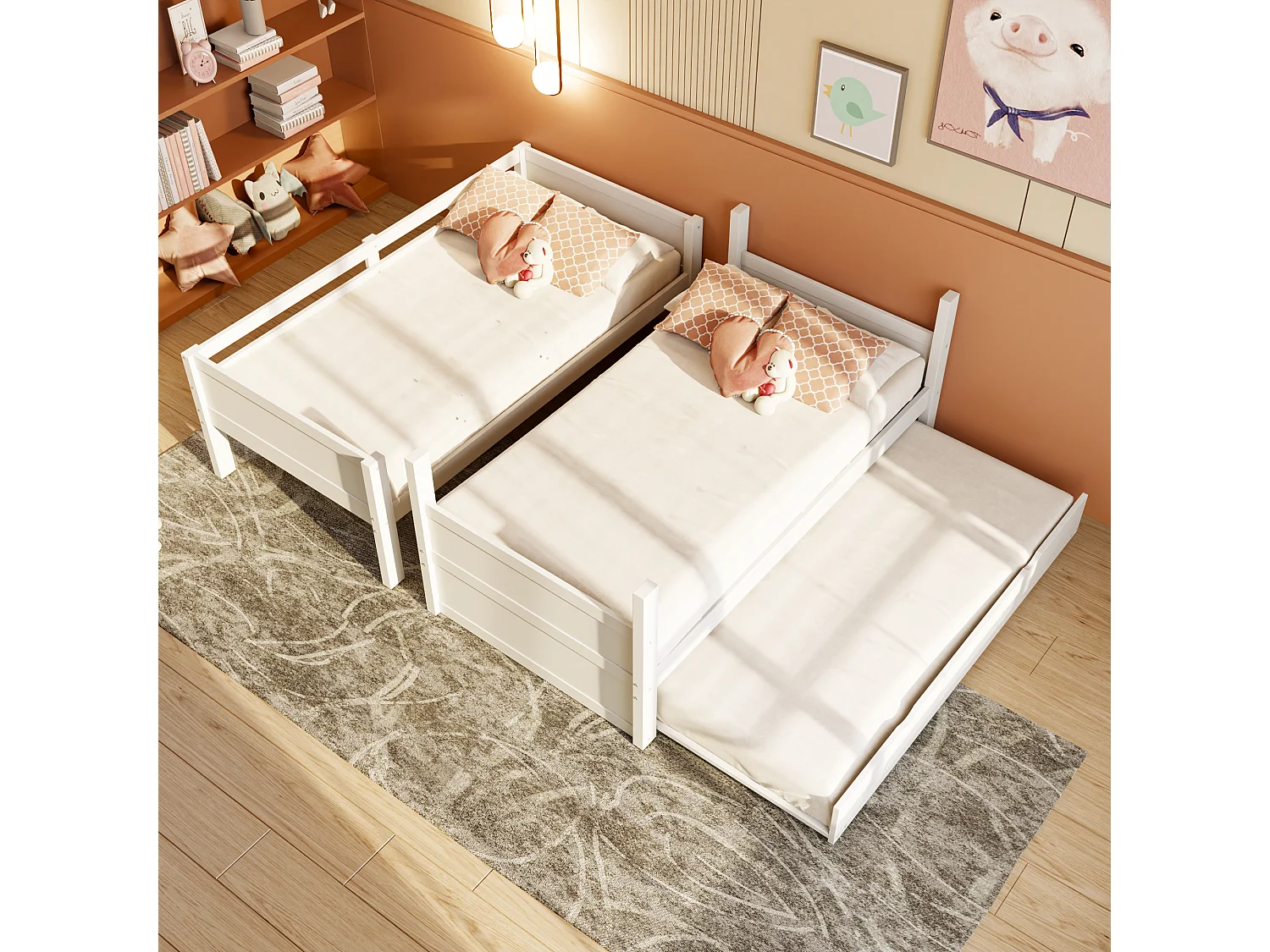 Lit superposé en bois 90 x 200 cm - lit gigogne - convertible en lit simple - avec barrières de sécurité - blanc (matelas non inclus)