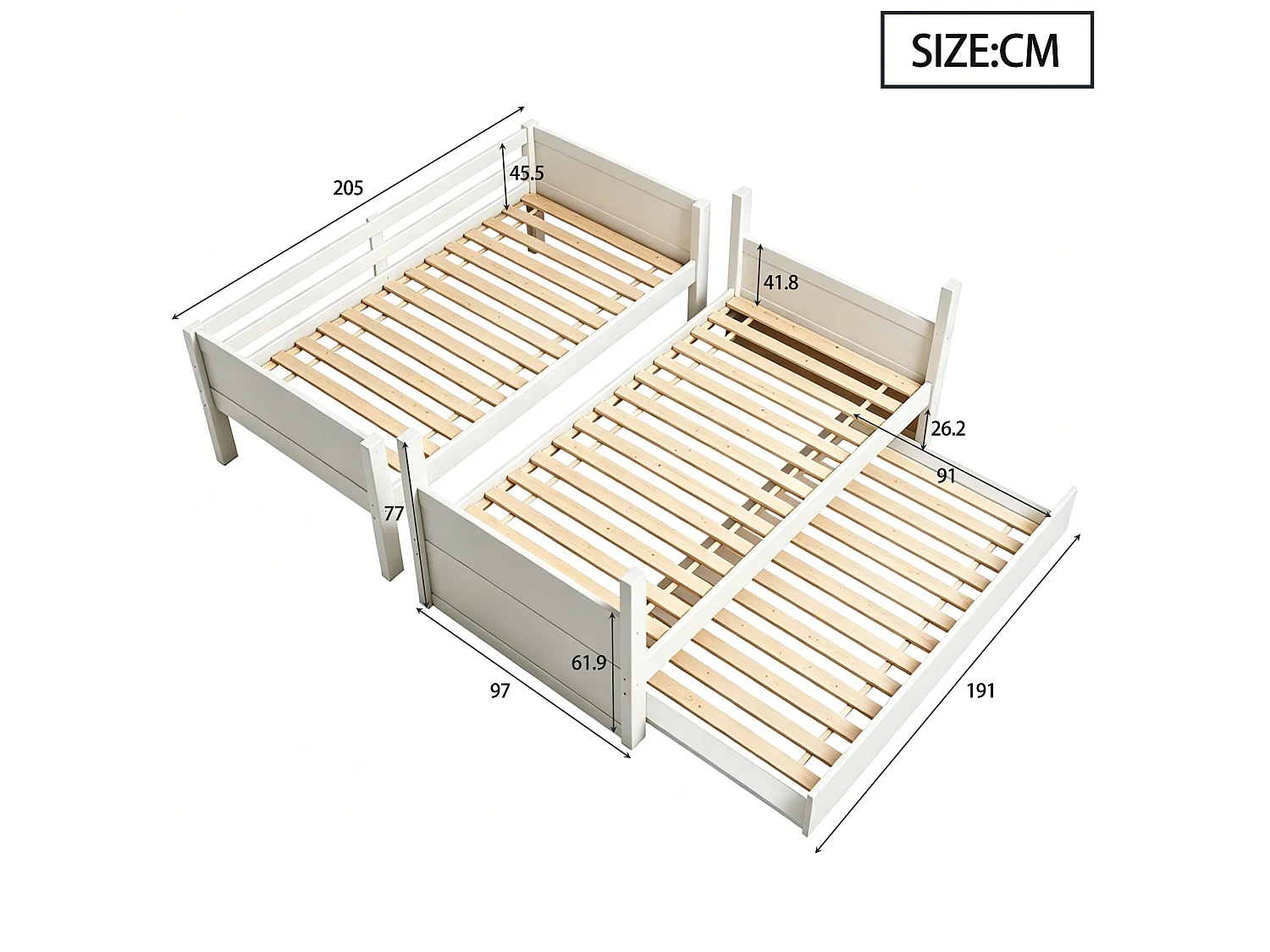 Lit superposé en bois 90 x 200 cm - lit gigogne - convertible en lit simple - avec barrières de sécurité - blanc (matelas non inclus)