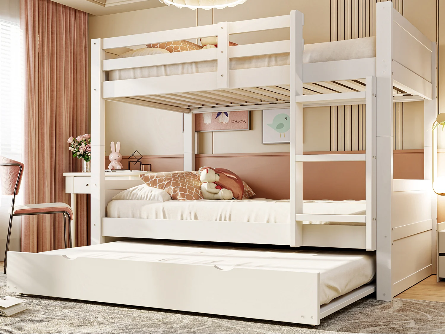 Lit superposé en bois 90 x 200 cm - lit gigogne - convertible en lit simple - avec barrières de sécurité - blanc (matelas non inclus)