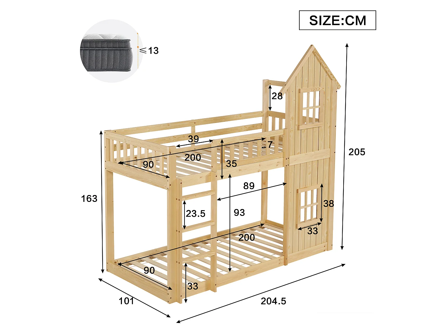 Lit superposé enfant 90x200 cm - avec rambarde et échelle - avec fenêtres - Bois massif + MDF - Naturel (sans matelas)