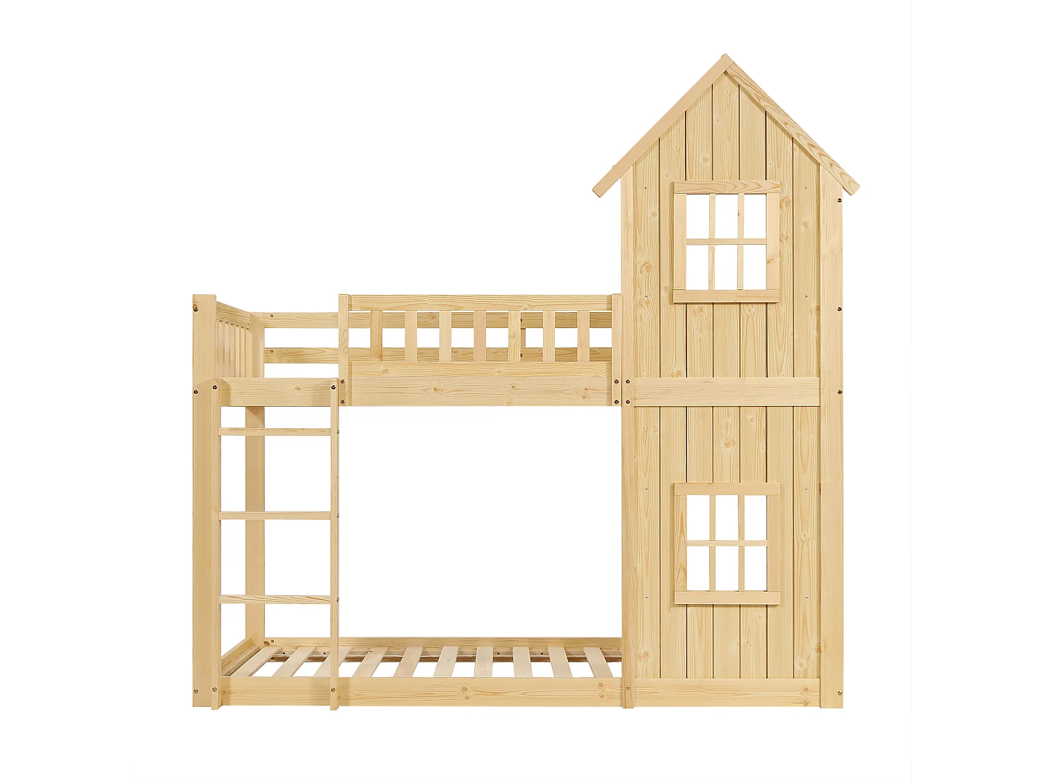 Lit superposé enfant 90x200 cm - avec rambarde et échelle - avec fenêtres - Bois massif + MDF - Naturel (sans matelas)