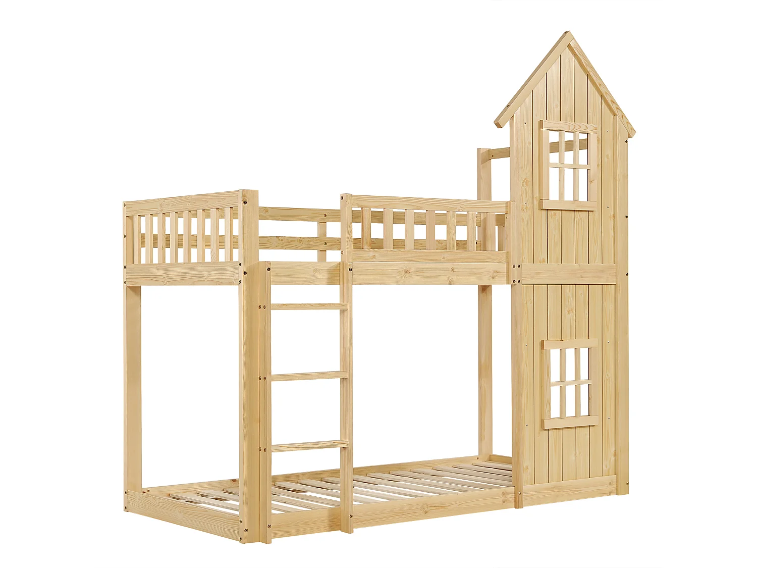 Lit superposé enfant 90x200 cm - avec rambarde et échelle - avec fenêtres - Bois massif + MDF - Naturel (sans matelas)