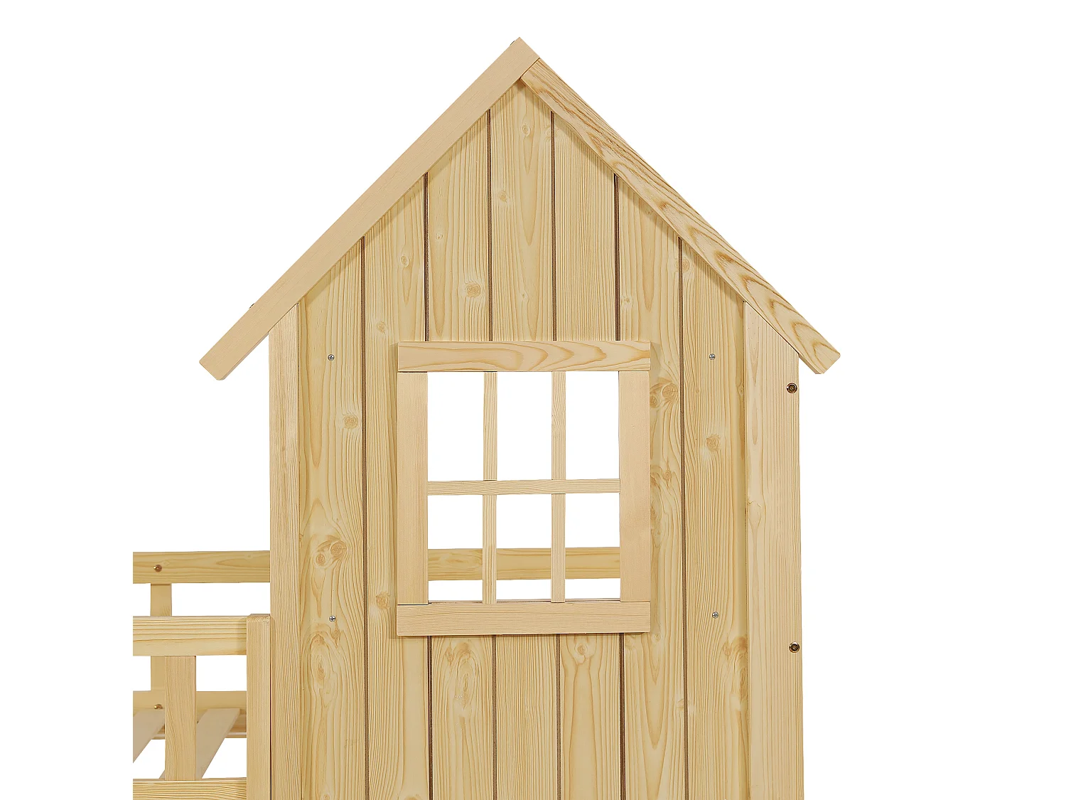 Lit superposé enfant 90x200 cm - avec rambarde et échelle - avec fenêtres - Bois massif + MDF - Naturel (sans matelas)
