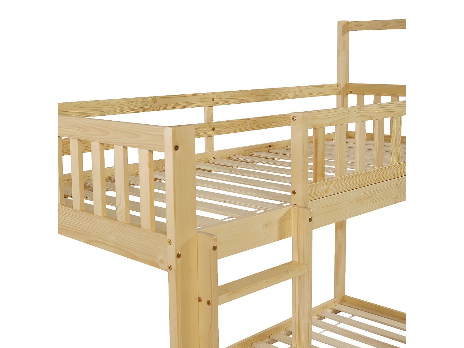 Lit superposé enfant 90x200 cm - avec rambarde et échelle - avec fenêtres - Bois massif + MDF - Naturel (sans matelas)