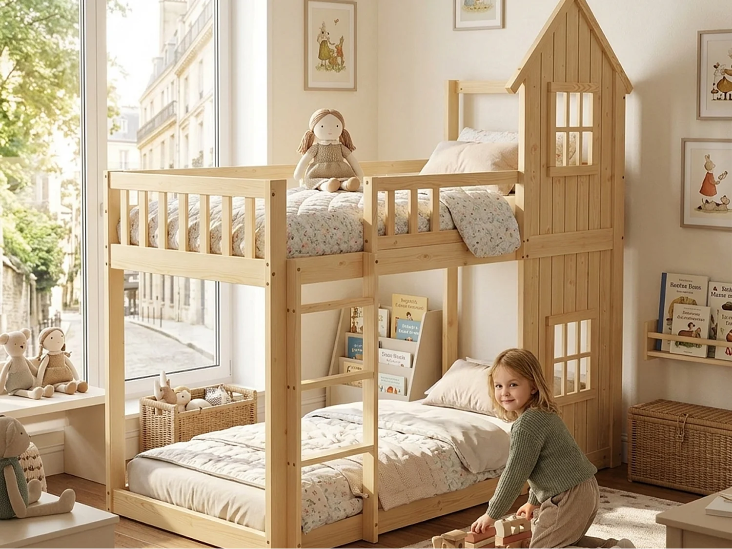 Lit superposé enfant 90x200 cm - avec rambarde et échelle - avec fenêtres - Bois massif + MDF - Naturel (sans matelas)