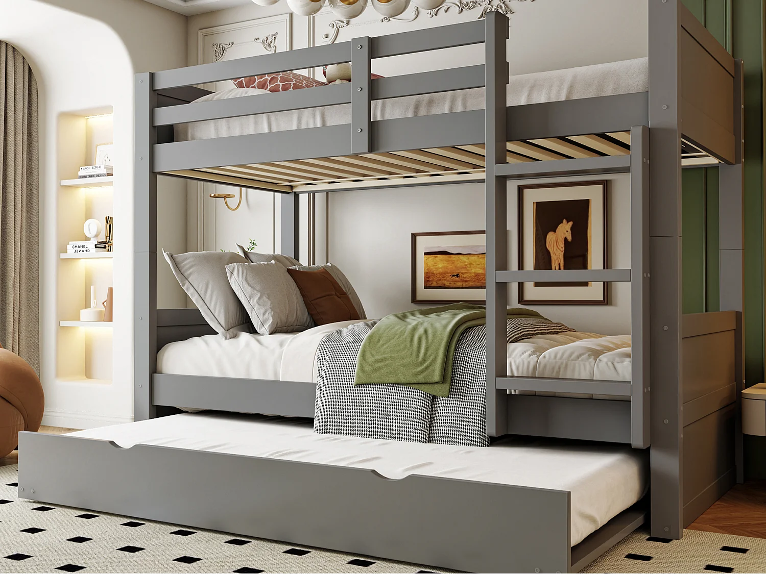 Lit superposé en bois 90 x 200 cm - lit gigogne - convertible en lit simple - avec barrières de sécurité - gris (matelas non inclus)