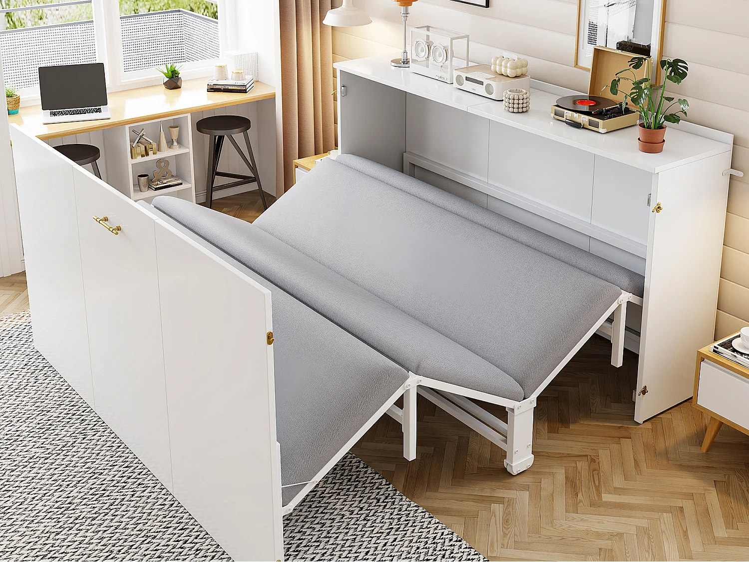 Letto pieghevole 140 x 200 cm - struttura da parete estensibile - materasso in lino incluso - struttura in metallo - Bianco (materasso non incluso)