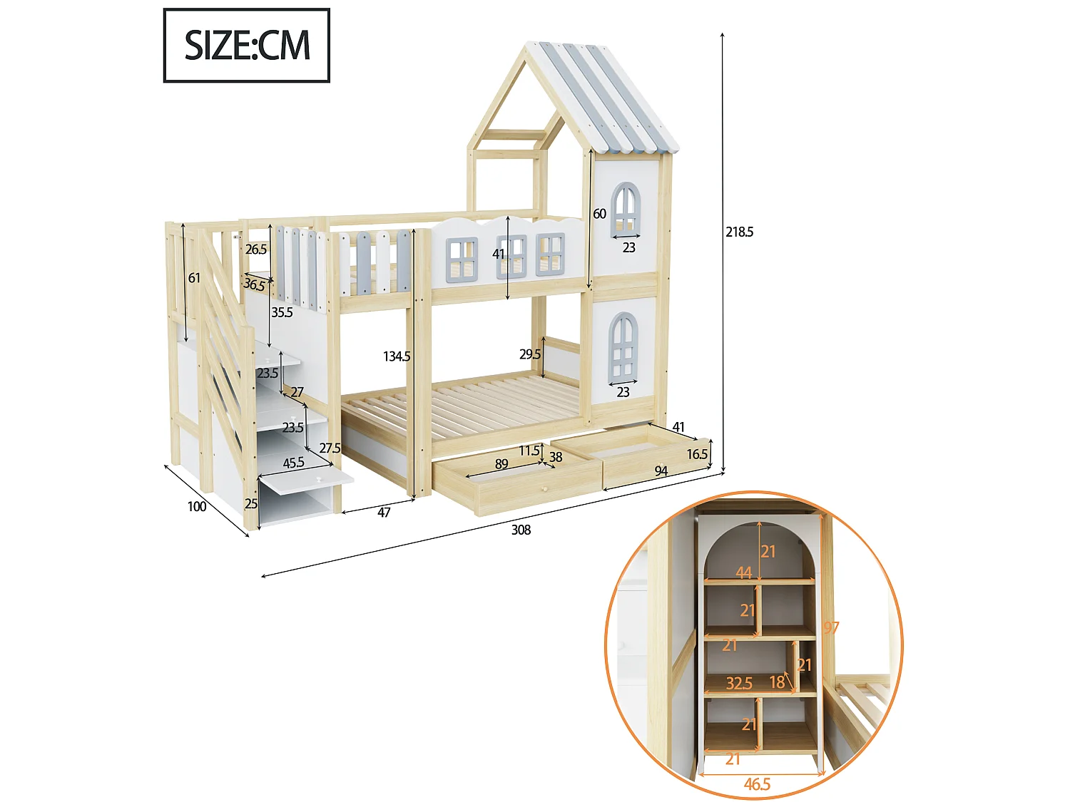 Kinder-Etagenbett 90 x 200 cm - mit Sicherheitsgeländern - mit Stauraumleiter - mit 2 Schubladen - weiß (Matratze nicht enthalten)