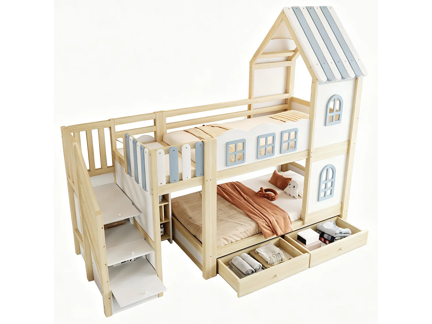Kinder-Etagenbett 90 x 200 cm - mit Sicherheitsgeländern - mit Stauraumleiter - mit 2 Schubladen - weiß (Matratze nicht enthalten)
