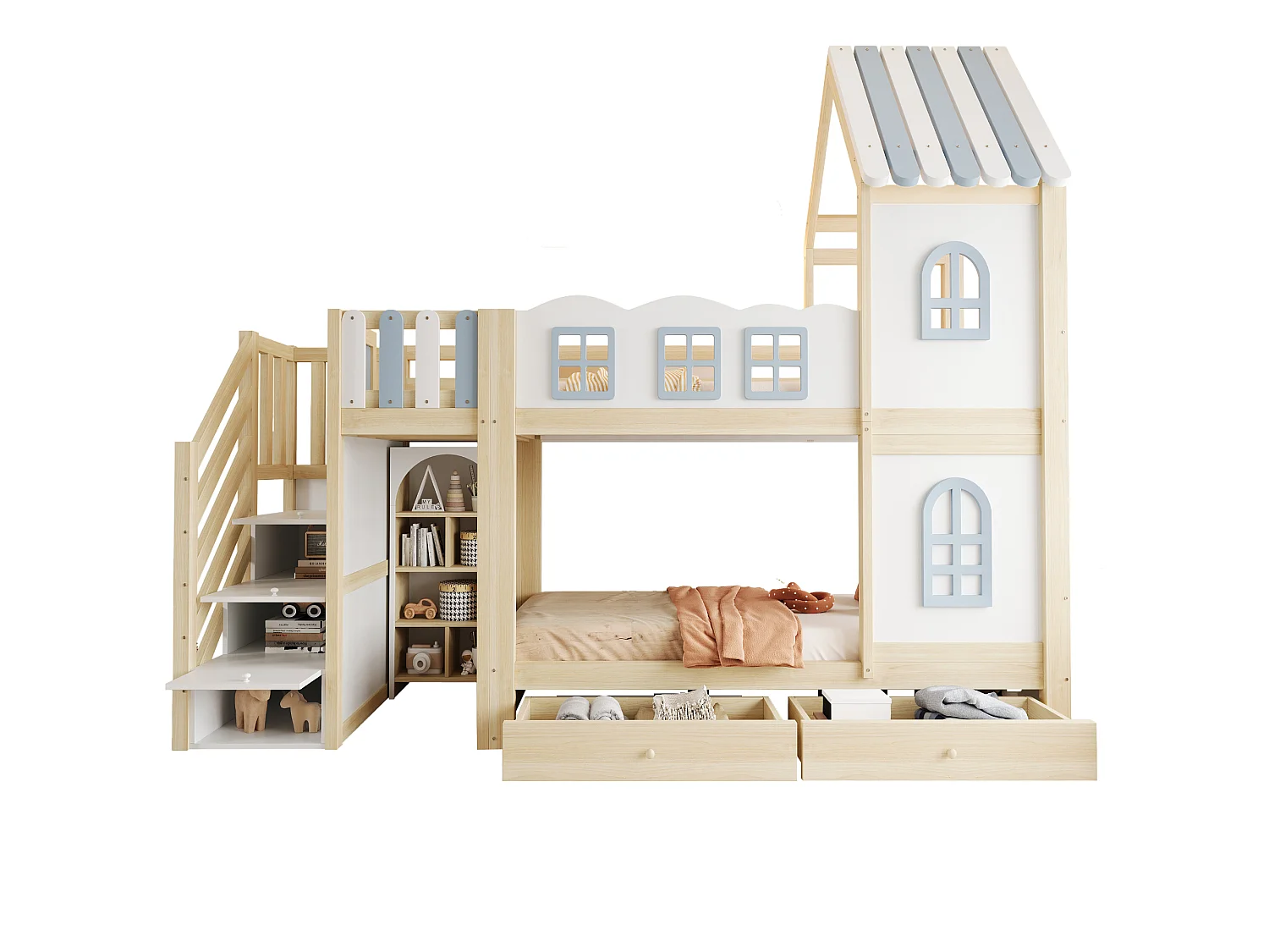 Kinder-Etagenbett 90 x 200 cm - mit Sicherheitsgeländern - mit Stauraumleiter - mit 2 Schubladen - weiß (Matratze nicht enthalten)