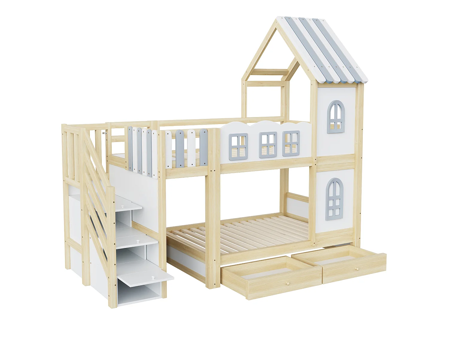 Kinder-Etagenbett 90 x 200 cm - mit Sicherheitsgeländern - mit Stauraumleiter - mit 2 Schubladen - weiß (Matratze nicht enthalten)