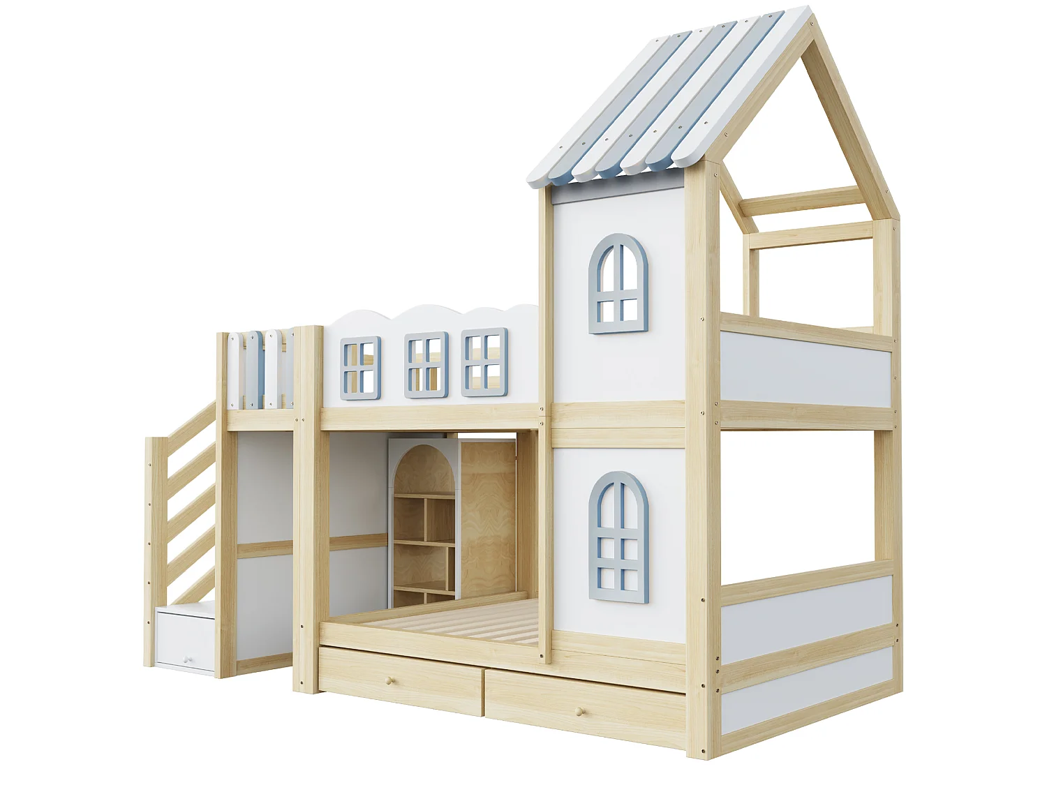 Kinder-Etagenbett 90 x 200 cm - mit Sicherheitsgeländern - mit Stauraumleiter - mit 2 Schubladen - weiß (Matratze nicht enthalten)