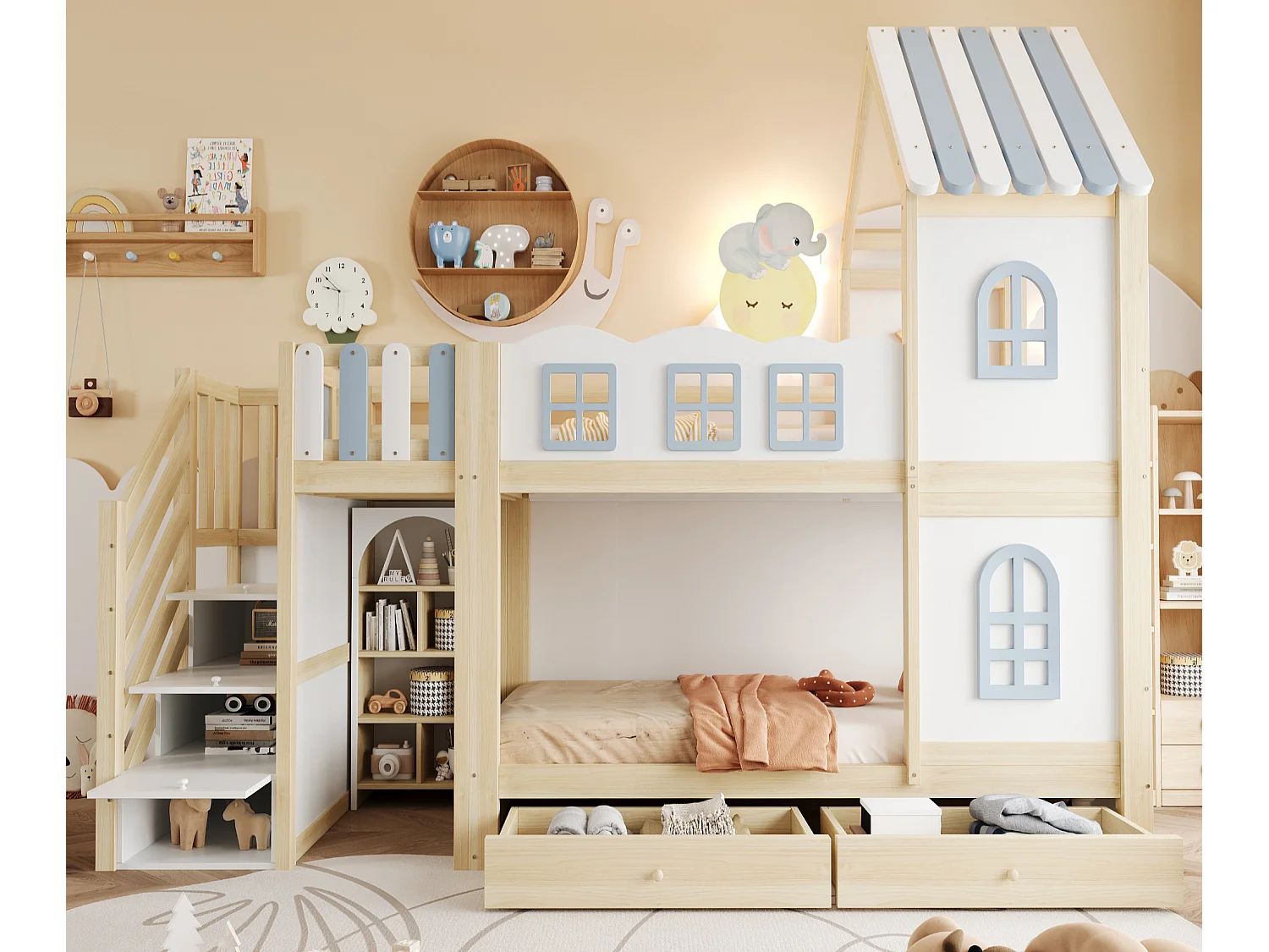 Kinder-Etagenbett 90 x 200 cm - mit Sicherheitsgeländern - mit Stauraumleiter - mit 2 Schubladen - weiß (Matratze nicht enthalten)