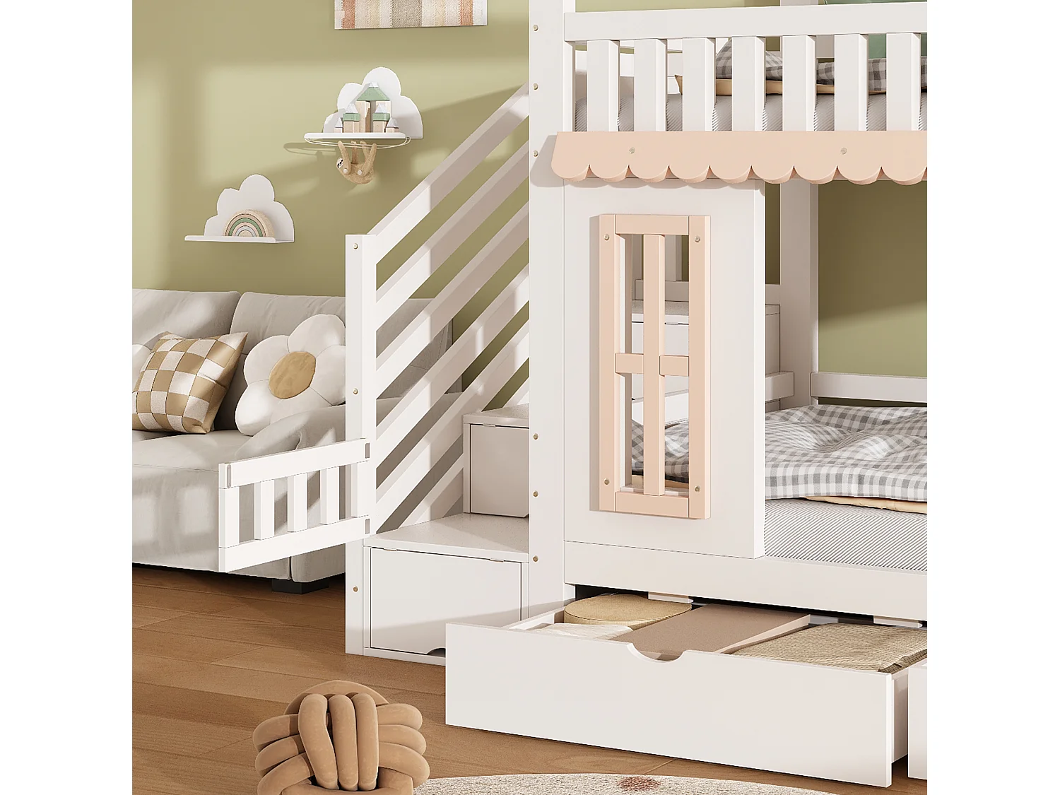 Lit superposé enfant 90x200 cm - avec escalier de rangement - avec 2 tiroirs - avec fenêtres - Bois massif + MDF - Blanc+Naturel (sans matelas)