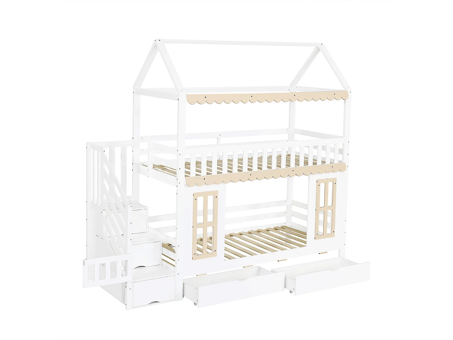 Lit superposé enfant 90x200 cm - avec escalier de rangement - avec 2 tiroirs - avec fenêtres - Bois massif + MDF - Blanc+Naturel (sans matelas)