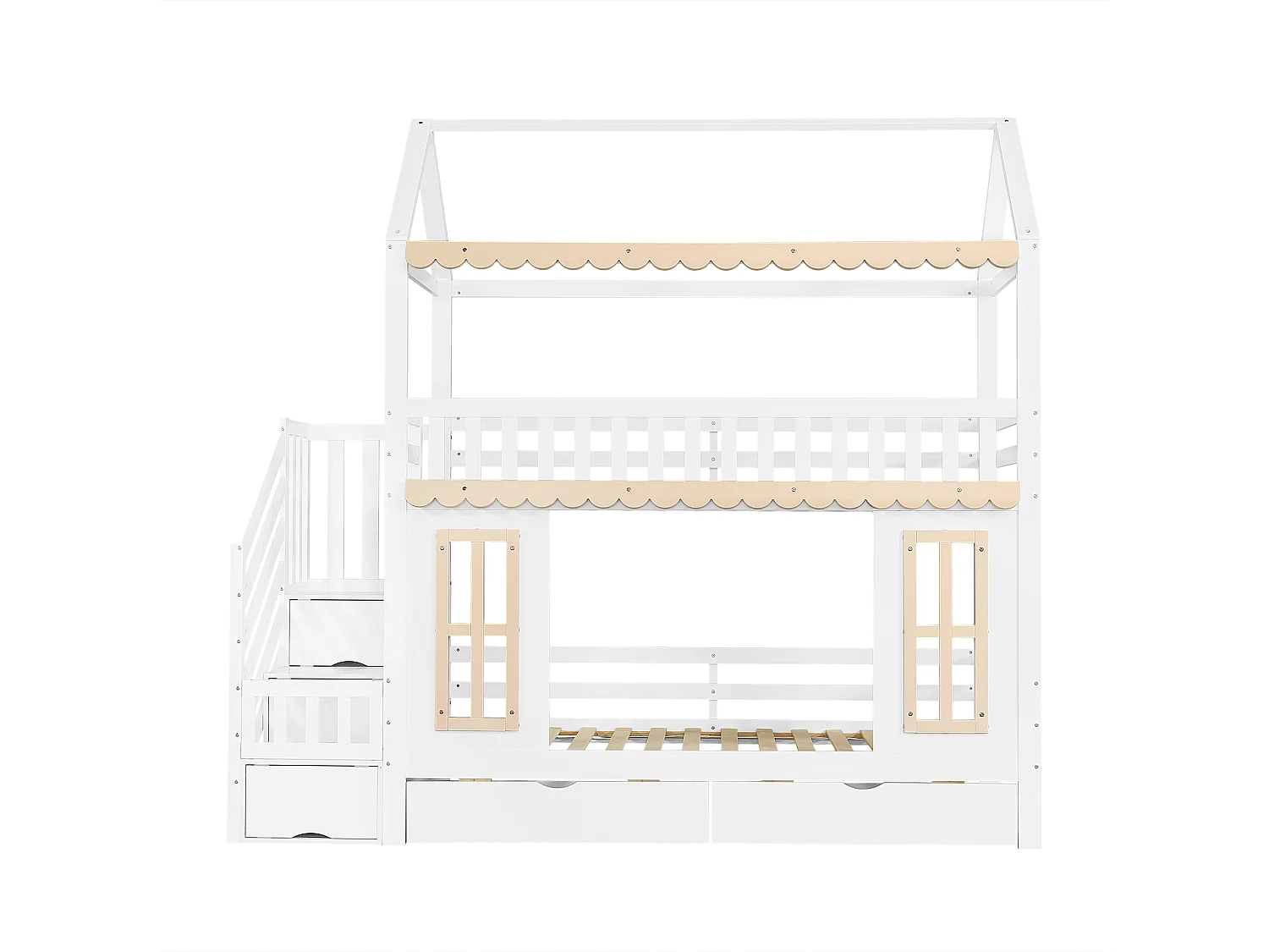 Lit superposé enfant 90x200 cm - avec escalier de rangement - avec 2 tiroirs - avec fenêtres - Bois massif + MDF - Blanc+Naturel (sans matelas)
