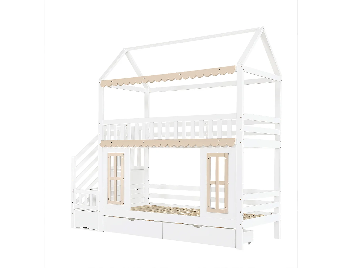 Lit superposé enfant 90x200 cm - avec escalier de rangement - avec 2 tiroirs - avec fenêtres - Bois massif + MDF - Blanc+Naturel (sans matelas)