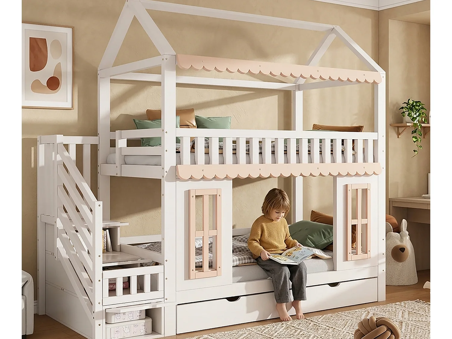Lit superposé enfant 90x200 cm - avec escalier de rangement - avec 2 tiroirs - avec fenêtres - Bois massif + MDF - Blanc+Naturel (sans matelas)