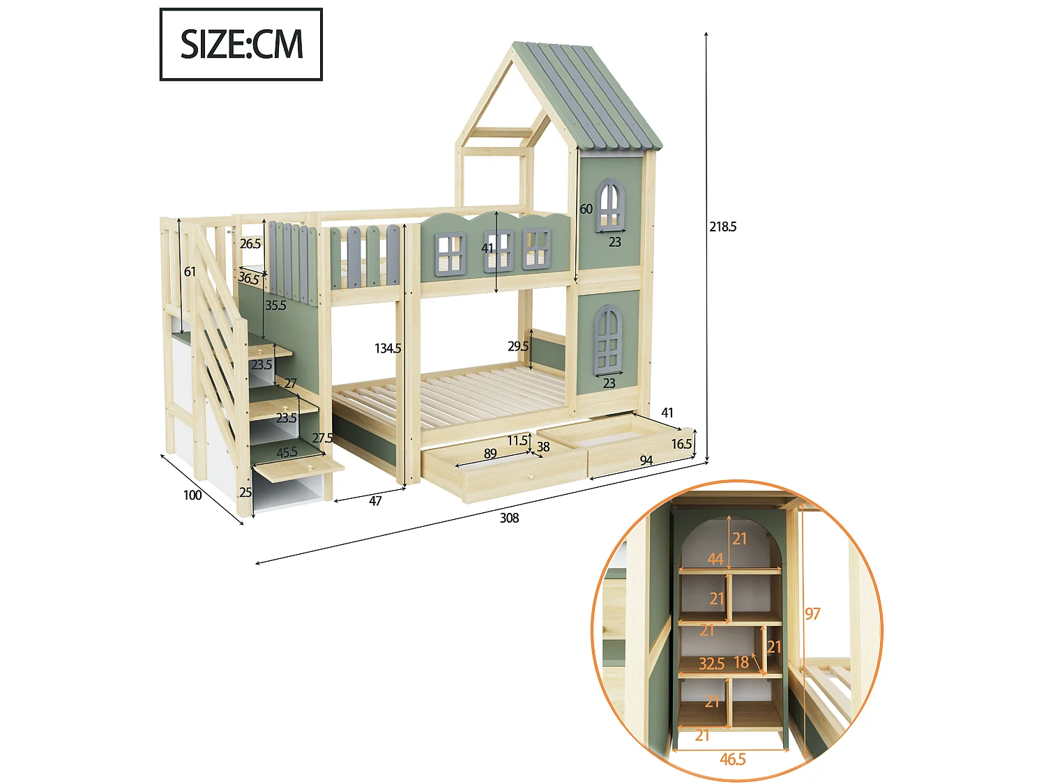 Lit superposé enfant 90 x 200 cm - avec barrières de lit - avec échelle de rangement - avec 2 tiroirs - vert (matelas non inclus)