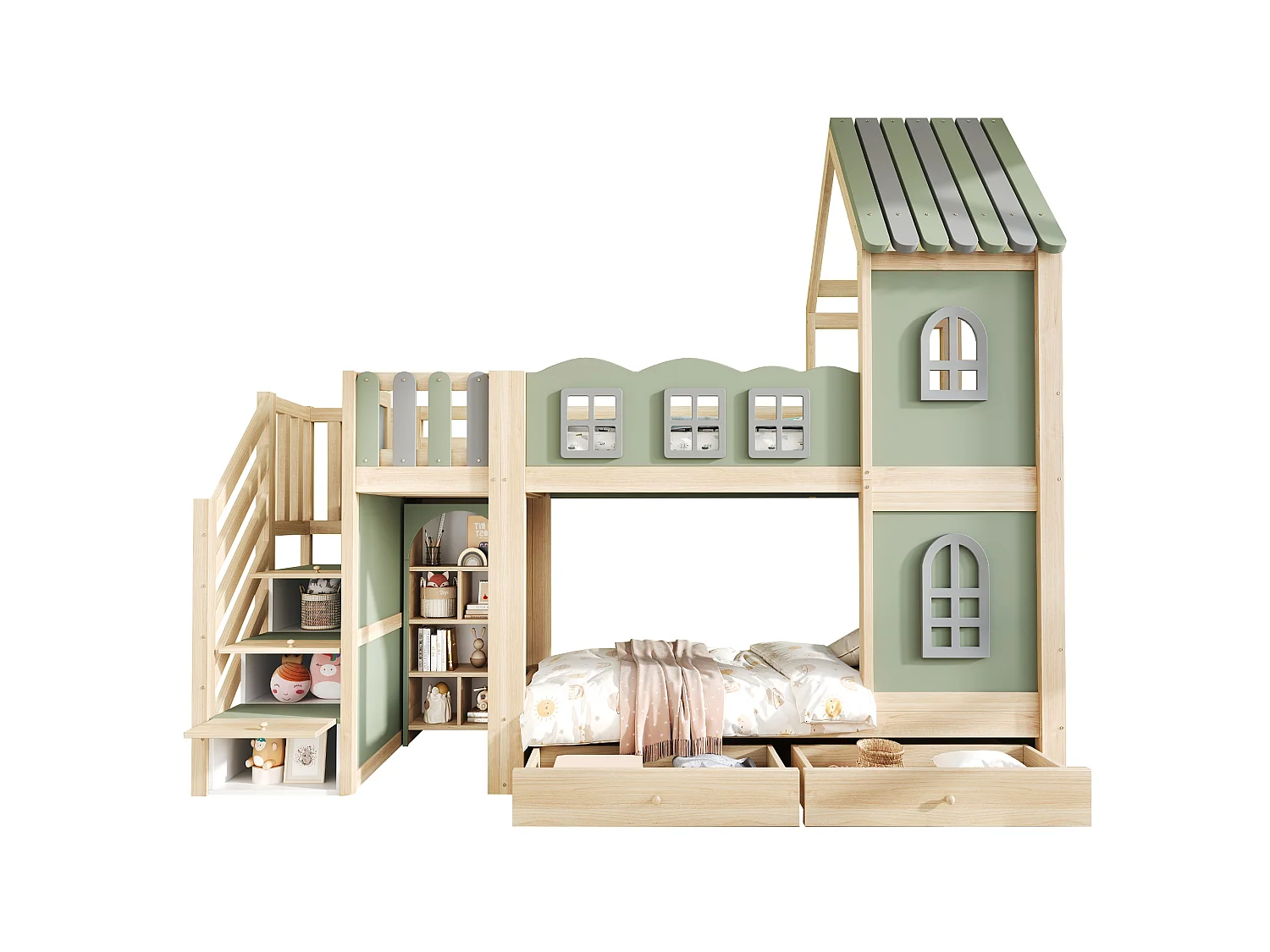 Lit superposé enfant 90 x 200 cm - avec barrières de lit - avec échelle de rangement - avec 2 tiroirs - vert (matelas non inclus)