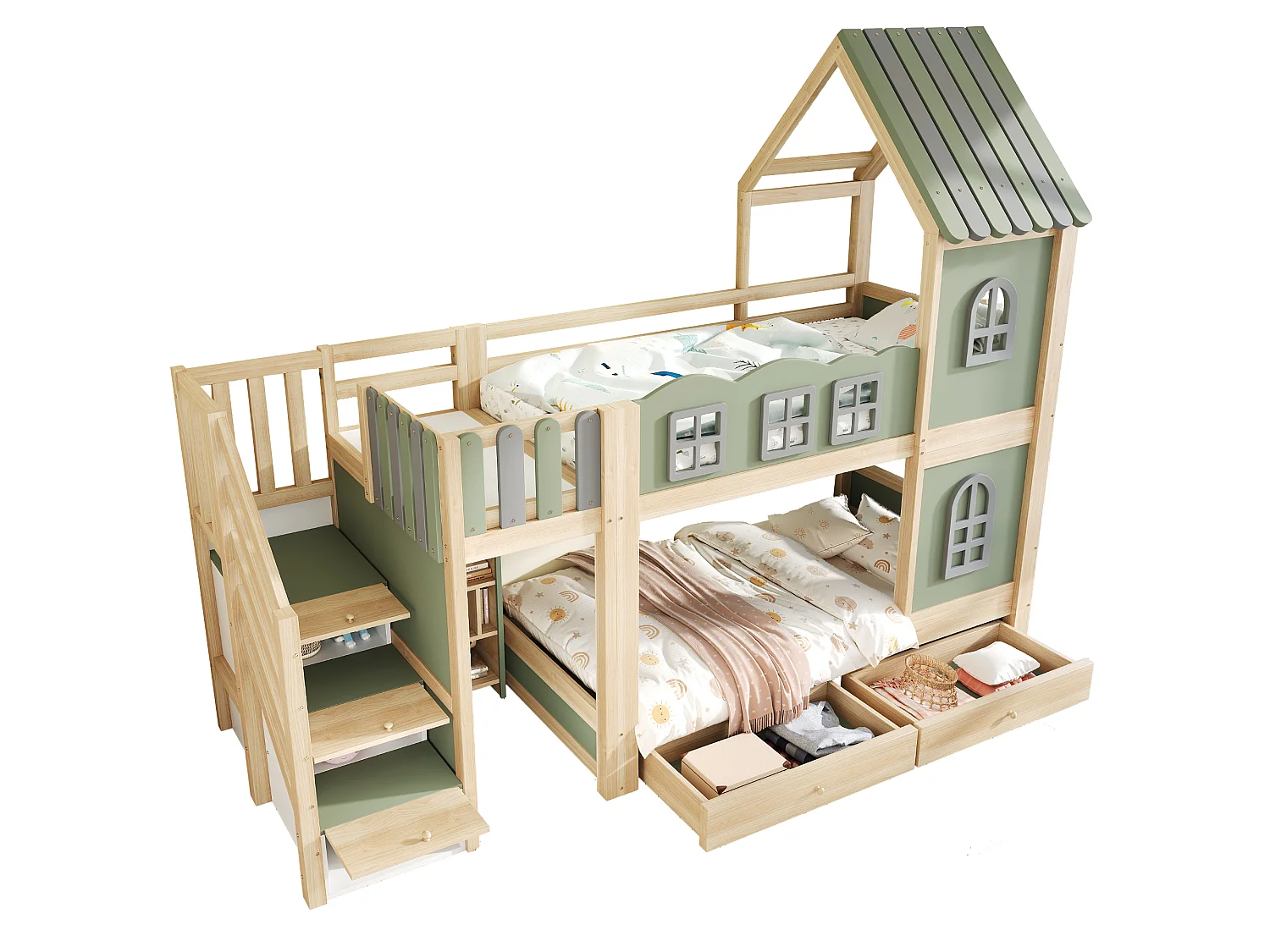 Lit superposé enfant 90 x 200 cm - avec barrières de lit - avec échelle de rangement - avec 2 tiroirs - vert (matelas non inclus)