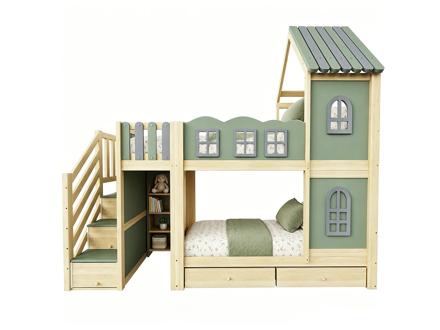 Lit superposé enfant 90 x 200 cm - avec barrières de lit - avec échelle de rangement - avec 2 tiroirs - vert (matelas non inclus)
