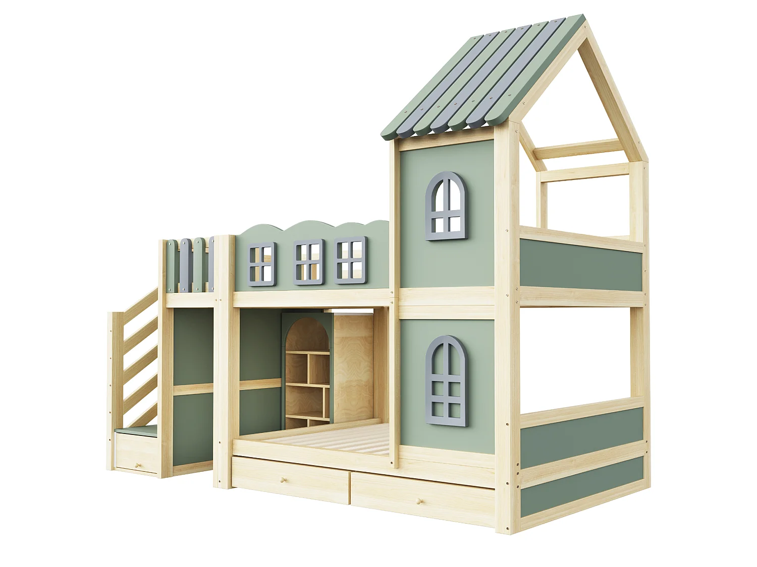 Lit superposé enfant 90 x 200 cm - avec barrières de lit - avec échelle de rangement - avec 2 tiroirs - vert (matelas non inclus)