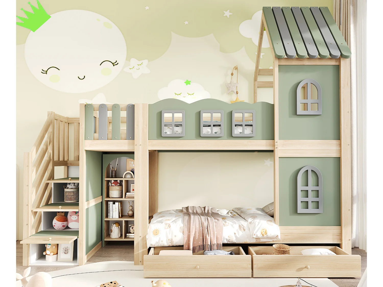 Lit superposé enfant 90 x 200 cm - avec barrières de lit - avec échelle de rangement - avec 2 tiroirs - vert (matelas non inclus)