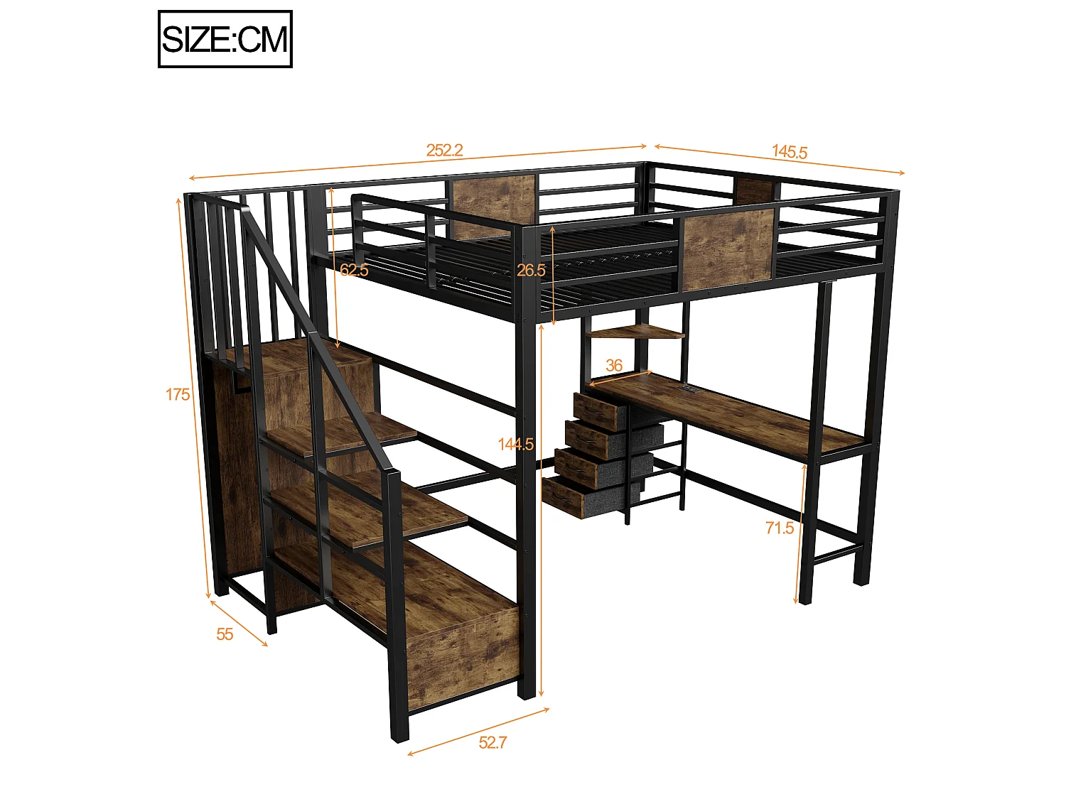 Metall-Hochbett 140x200 cm - mit Schreibtisch - Staufächer - Garderobenstange - LED-Beleuchtung + Steckdose - schwarz