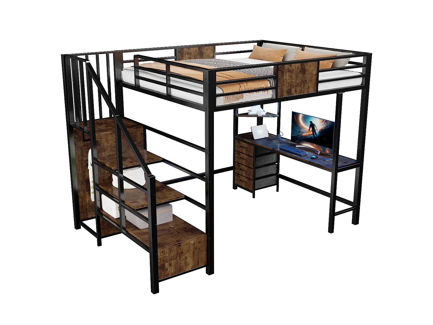 Metall-Hochbett 140x200 cm - mit Schreibtisch - Staufächer - Garderobenstange - LED-Beleuchtung + Steckdose - schwarz