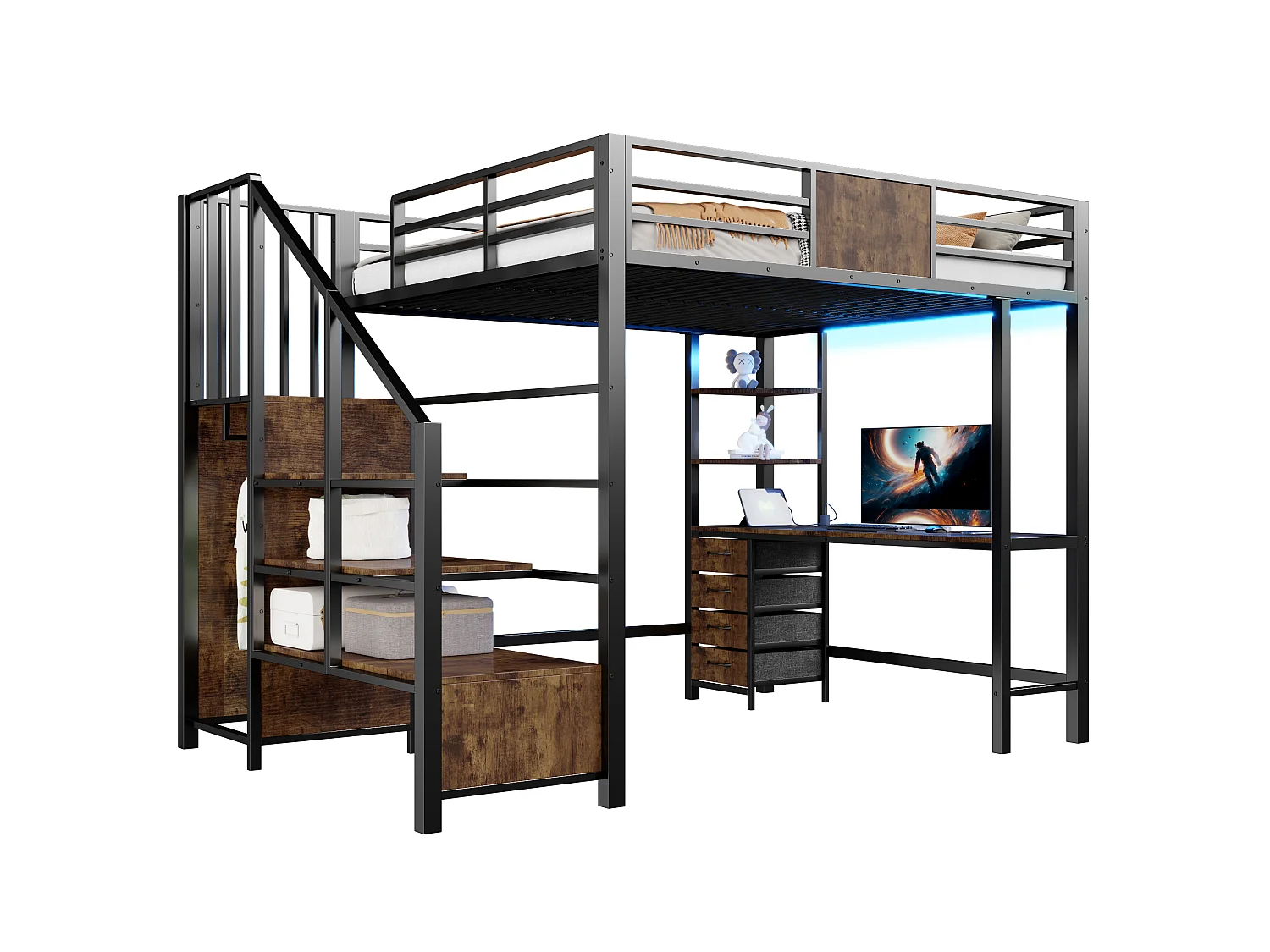 Metall-Hochbett 140x200 cm - mit Schreibtisch - Staufächer - Garderobenstange - LED-Beleuchtung + Steckdose - schwarz