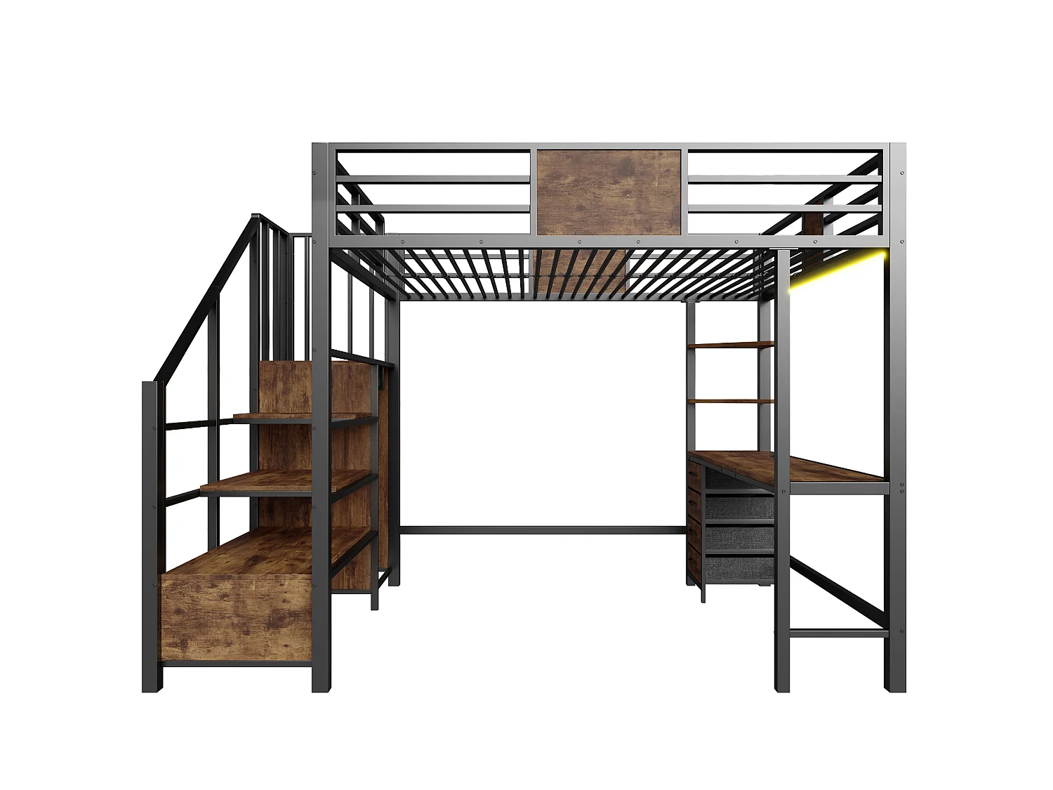 Metall-Hochbett 140x200 cm - mit Schreibtisch - Staufächer - Garderobenstange - LED-Beleuchtung + Steckdose - schwarz