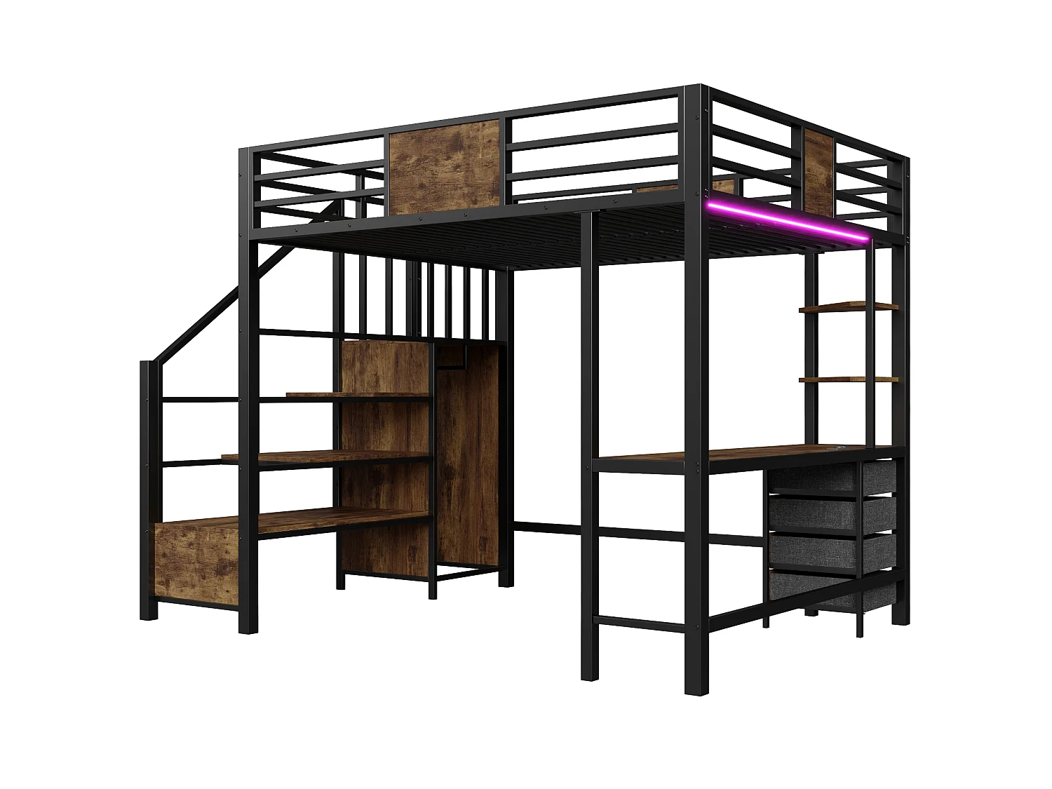 Metall-Hochbett 140x200 cm - mit Schreibtisch - Staufächer - Garderobenstange - LED-Beleuchtung + Steckdose - schwarz