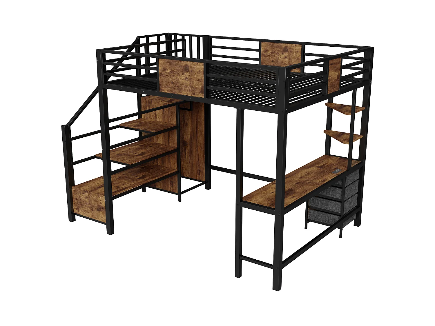 Metall-Hochbett 140x200 cm - mit Schreibtisch - Staufächer - Garderobenstange - LED-Beleuchtung + Steckdose - schwarz