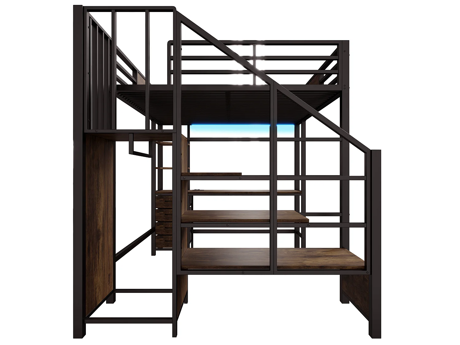 Metall-Hochbett 140x200 cm - mit Schreibtisch - Staufächer - Garderobenstange - LED-Beleuchtung + Steckdose - schwarz