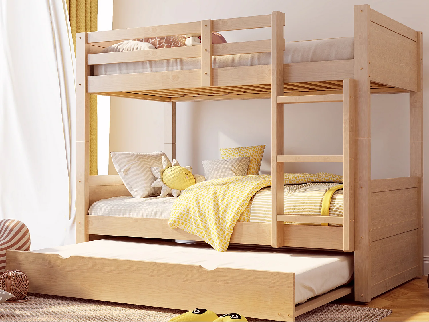 Lit superposé en bois 90 x 200 cm - lit gigogne - convertible en lit simple - avec barrières de sécurité - naturel (matelas non inclus)