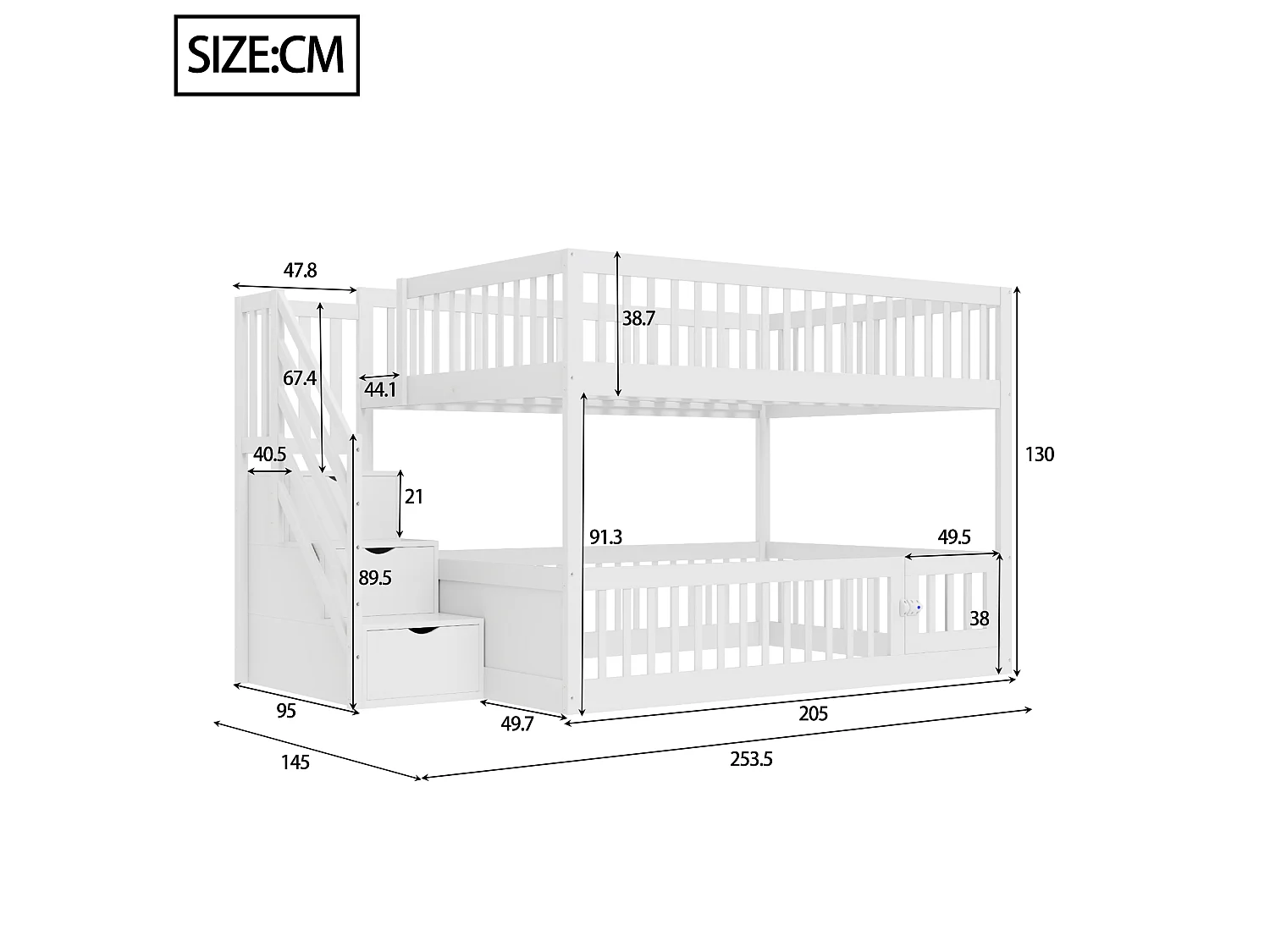 Lit superposé 140x200 cm avec rangement - Lit en bois blanc pour enfant et adolescent