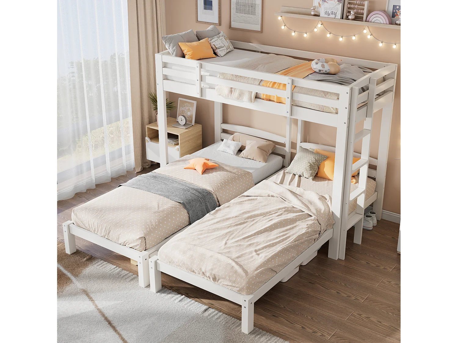 Triple bunk bed with slatted base - 90x190 cm - solid wood - white