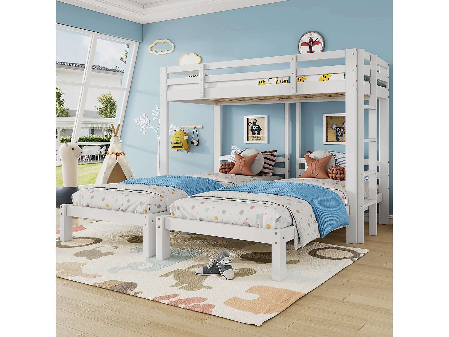 Triple bunk bed with slatted base - 90x190 cm - solid wood - white